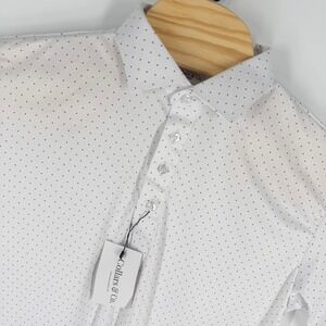 Collars & Co Semi Spread Dress Collar Polo Shirt Mens L White Navy Polka Dot NEW
